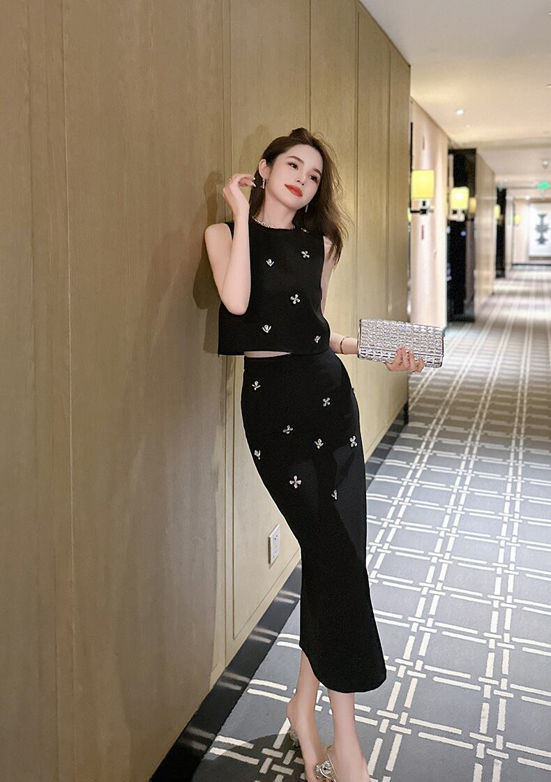 【set】タンクトップ+スリットスカート２点セットF7188