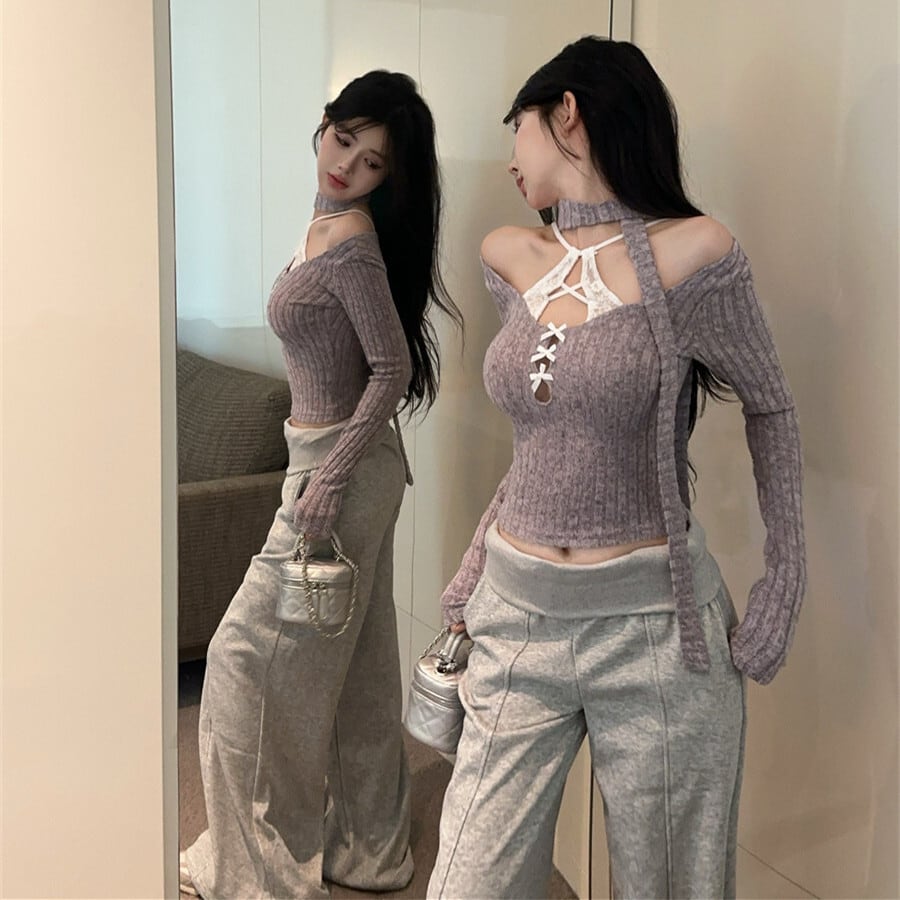 【tops】レース切り替え長袖Tシャツ　M28397