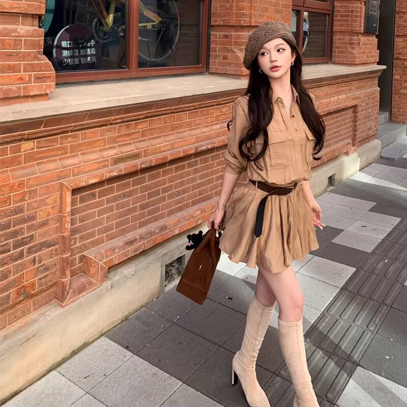 【dress】ベルト付きシャツワンピース Q8300