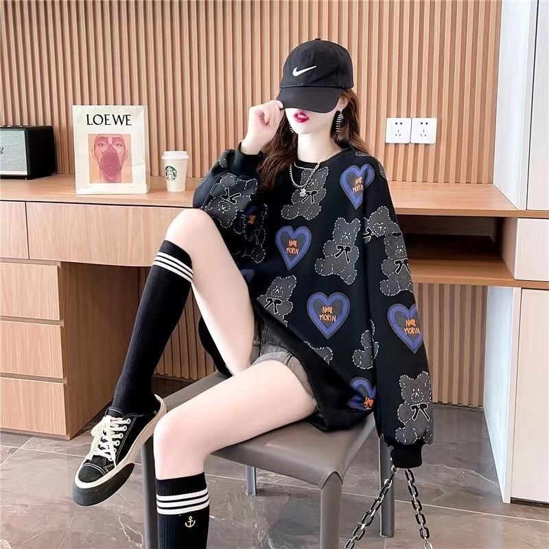 【tops】おすすめ3色裏起毛ラウンドネック長袖秋冬新作動物柄ハート柄配色厚手着回しパーカーF1333