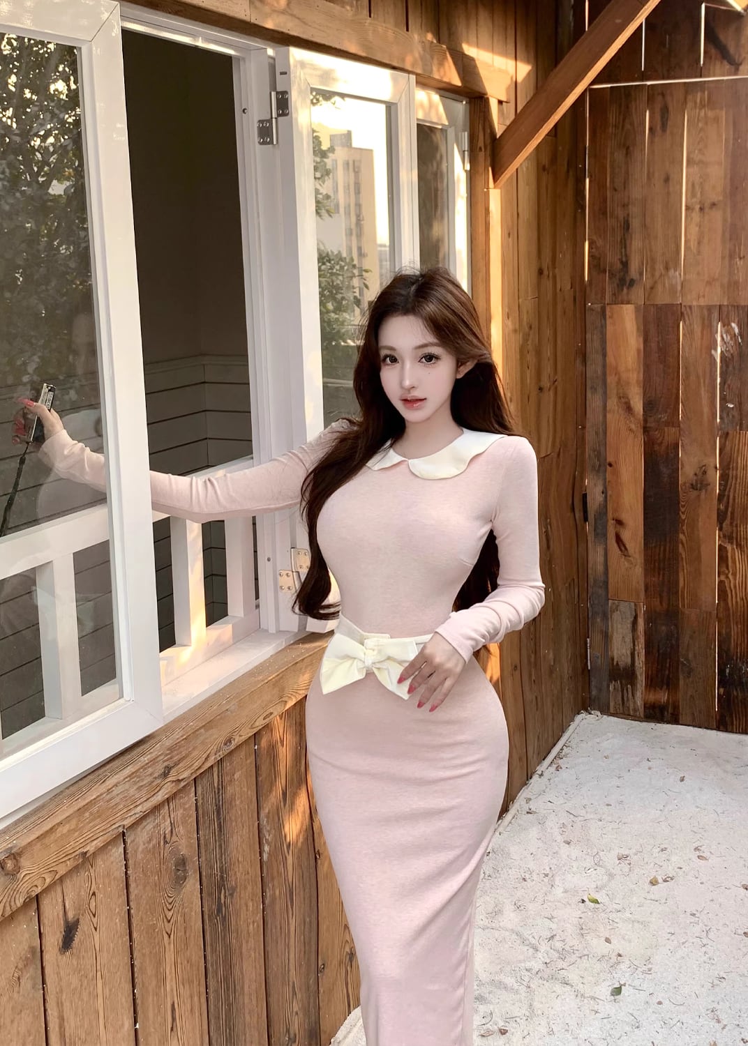 【dress】ベルト付きピーターパンカラーロングワンピース Q7733