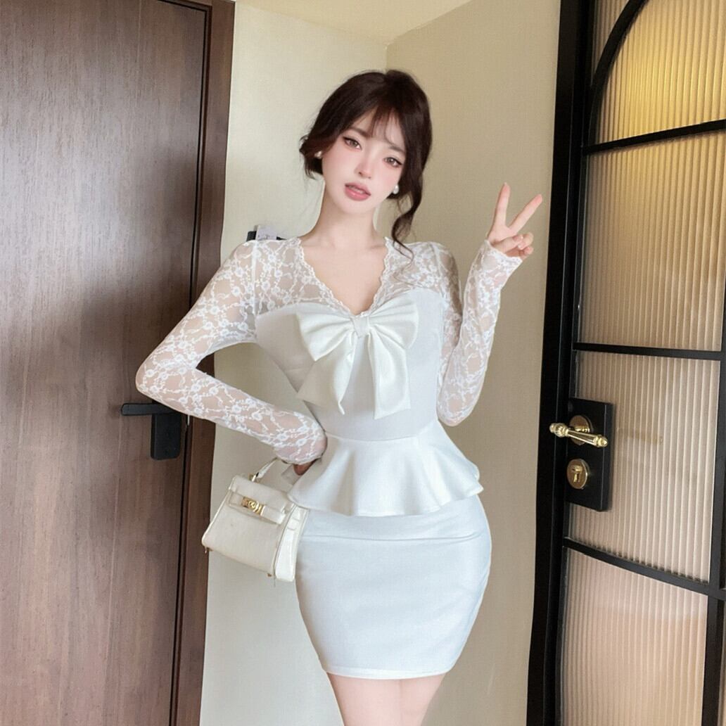 【dress】レース切り替えリボン付きワンピース　M27379