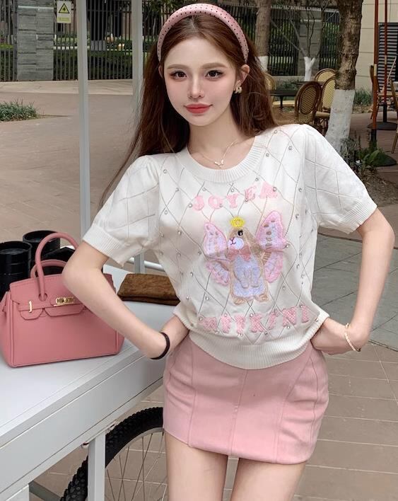 【tops】長袖ラインストーンニットＴシャツF7068