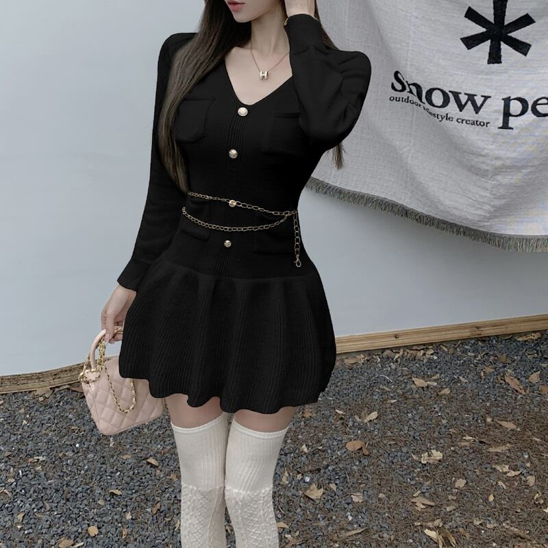 【dress】Vネックフレアニットワンピース Q7515