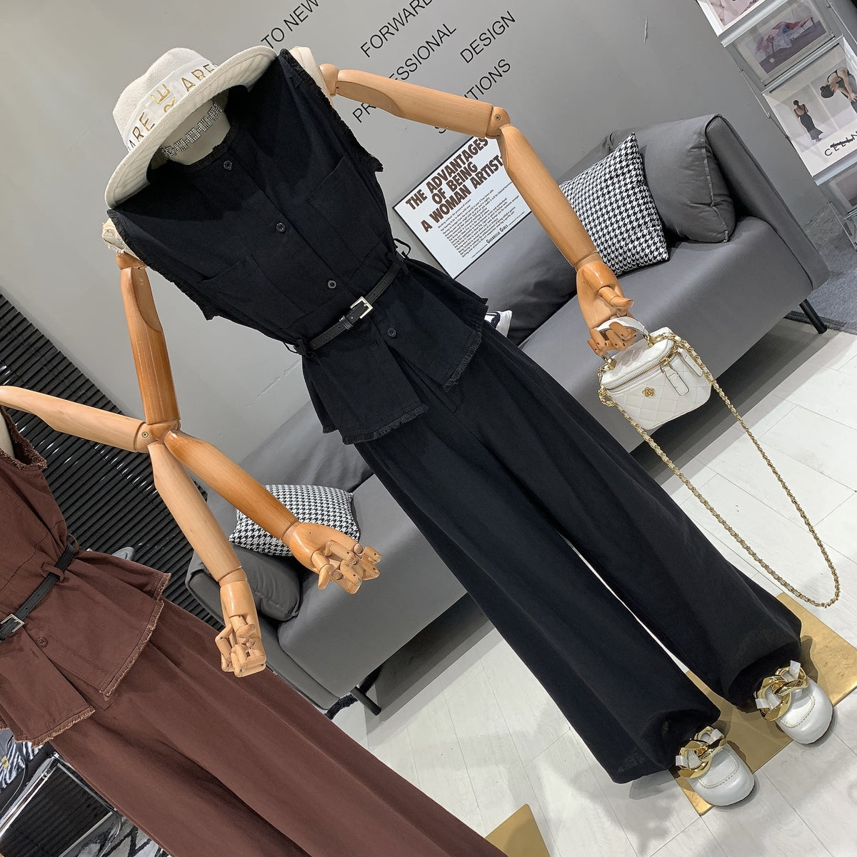 【set】ノースリーブトップス+ワイドパンツセットベルト付き　M24993