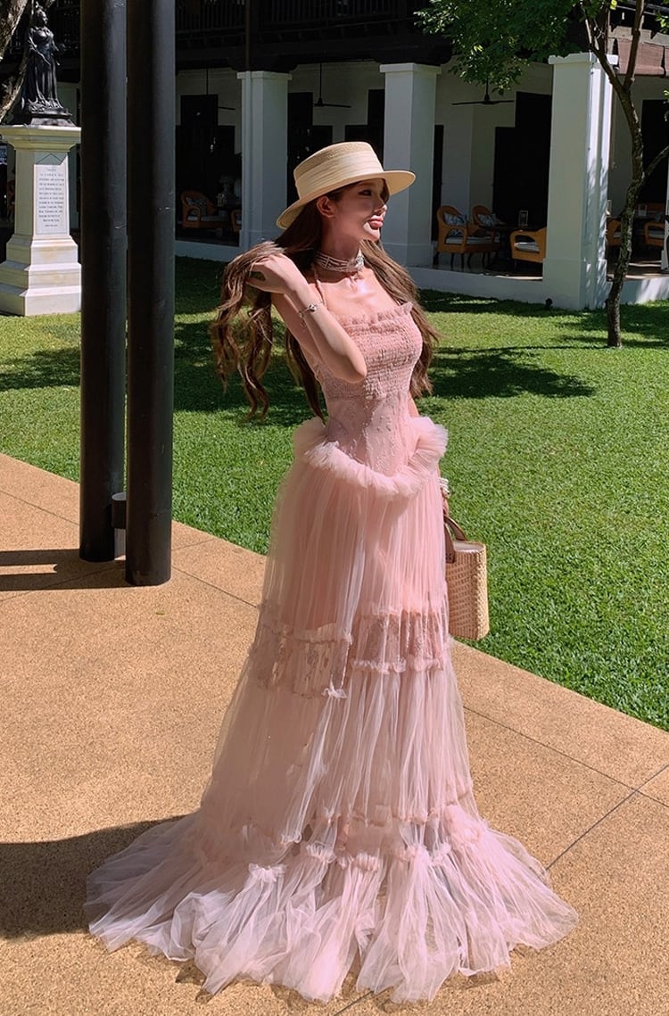 【dress】ホルターネックシアーチュールティアードワンピース Q8484