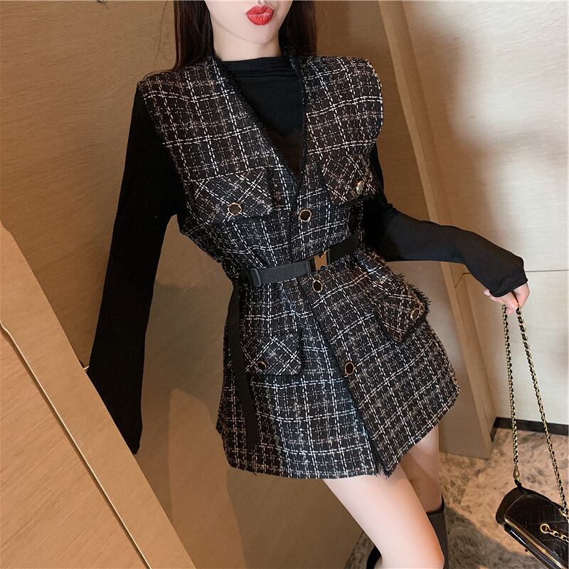 【set】オシャレ度満点〜無地着やせＴシャツ+チェック柄ベスト通勤日常ファッション2点セットF0782