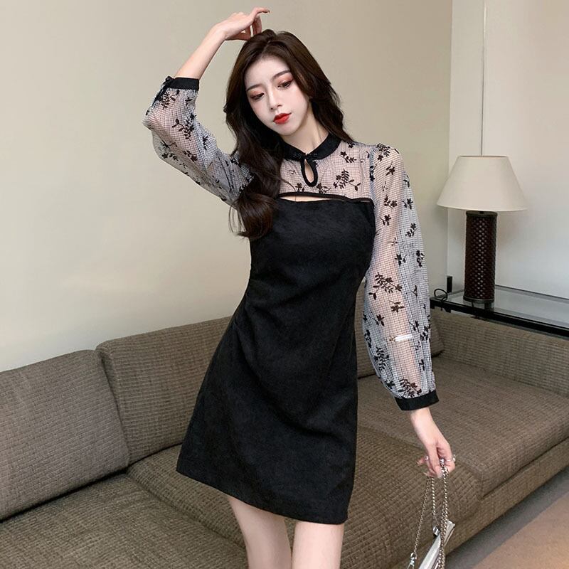 【dress】韓流スタイル!気質満点秋冬スタンドネックデザイン切り替えワンピース G2066