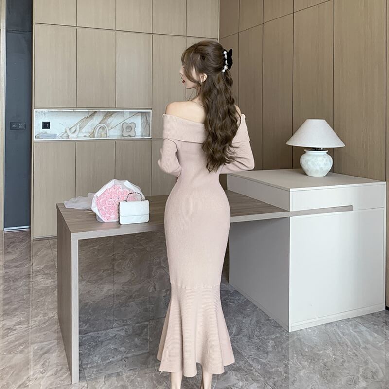 【dress】オフショルダーマーメイドニットワンピース Q7221