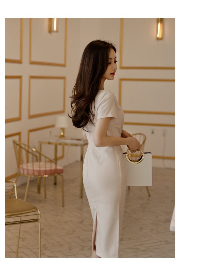 【dress】知的で品の良いオフショルダー半袖無地OL通勤体型カバータイトワンピースF2435