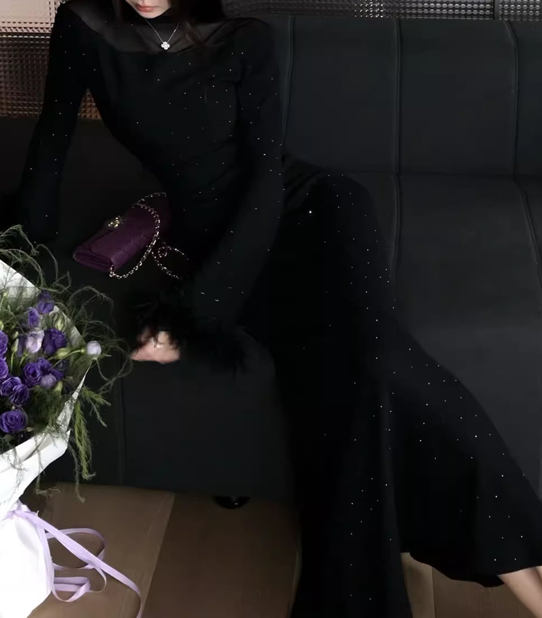 【dress】袖ファーチュールドッキングニットワンピース Q7559