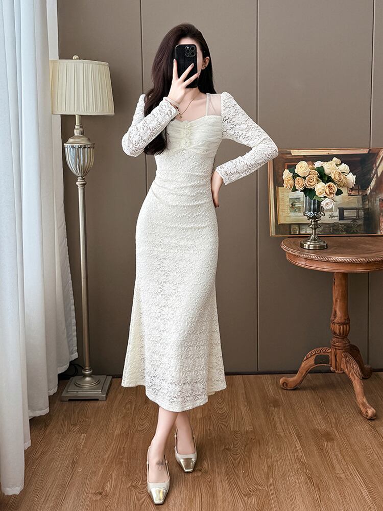 【dress】チュールドッキングレースワンピース Q7499