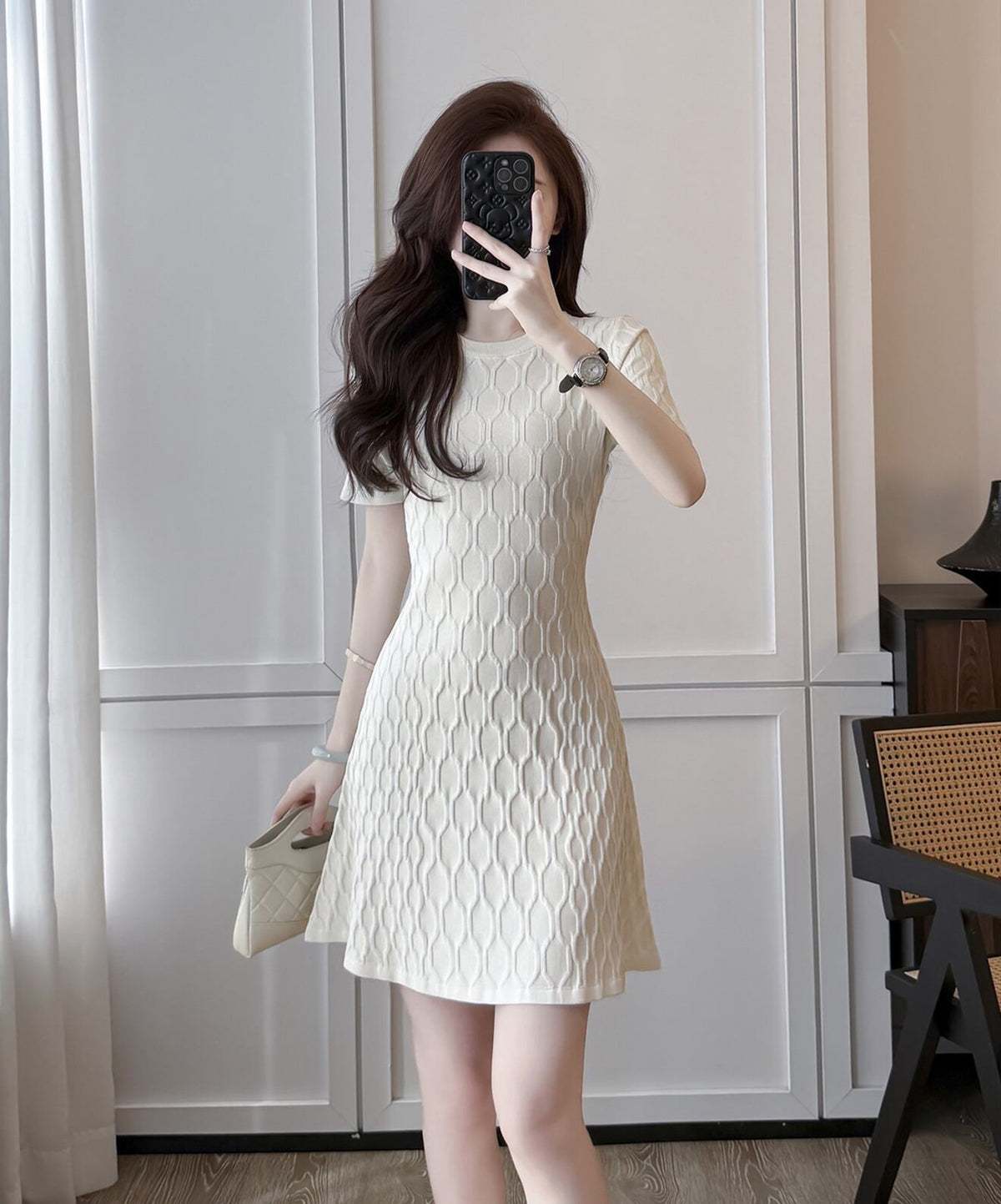【dress】Aライン半袖ニットワンピース Q8490