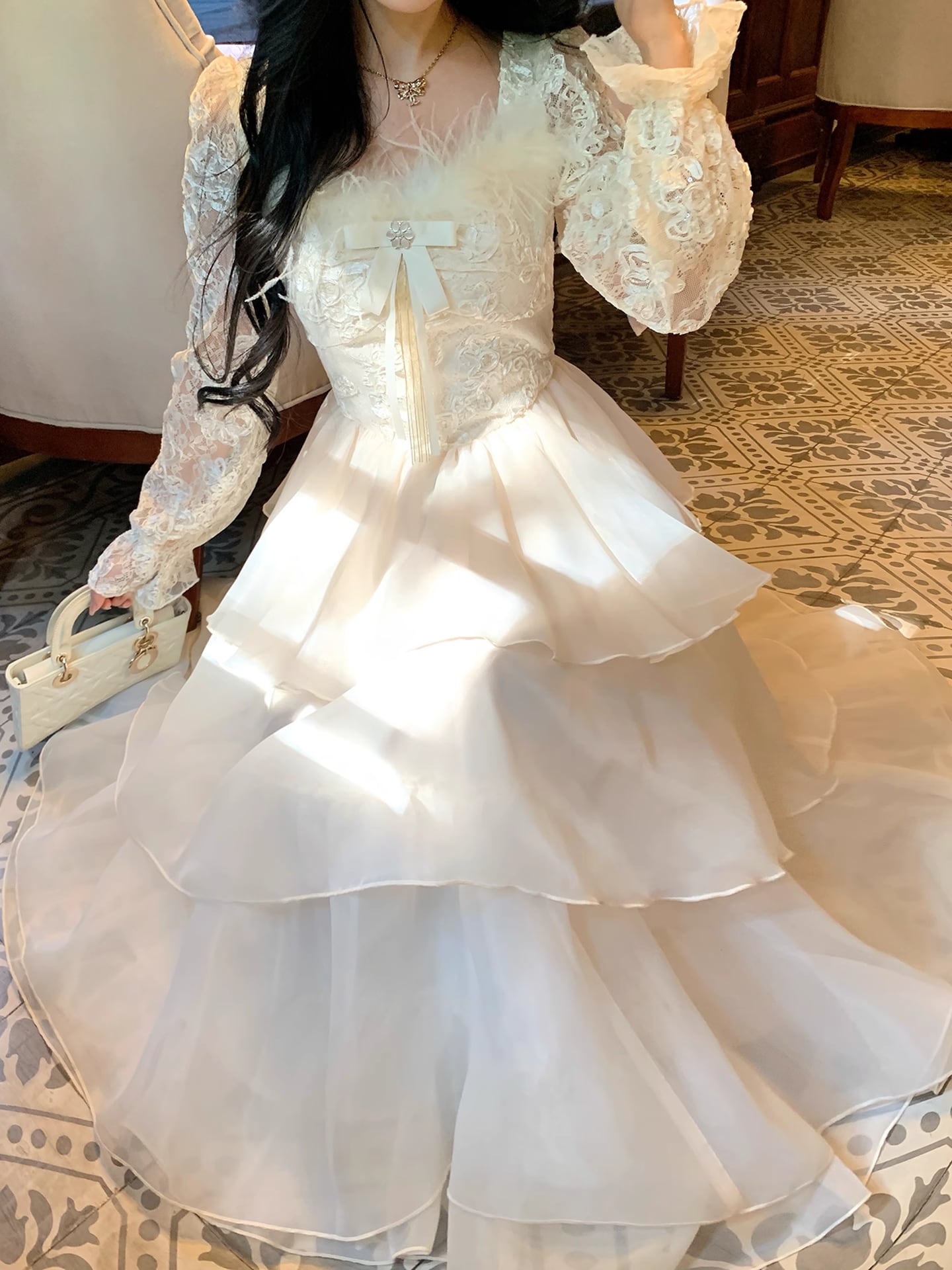 【dress】ファードッキングレースワンピース Q7600