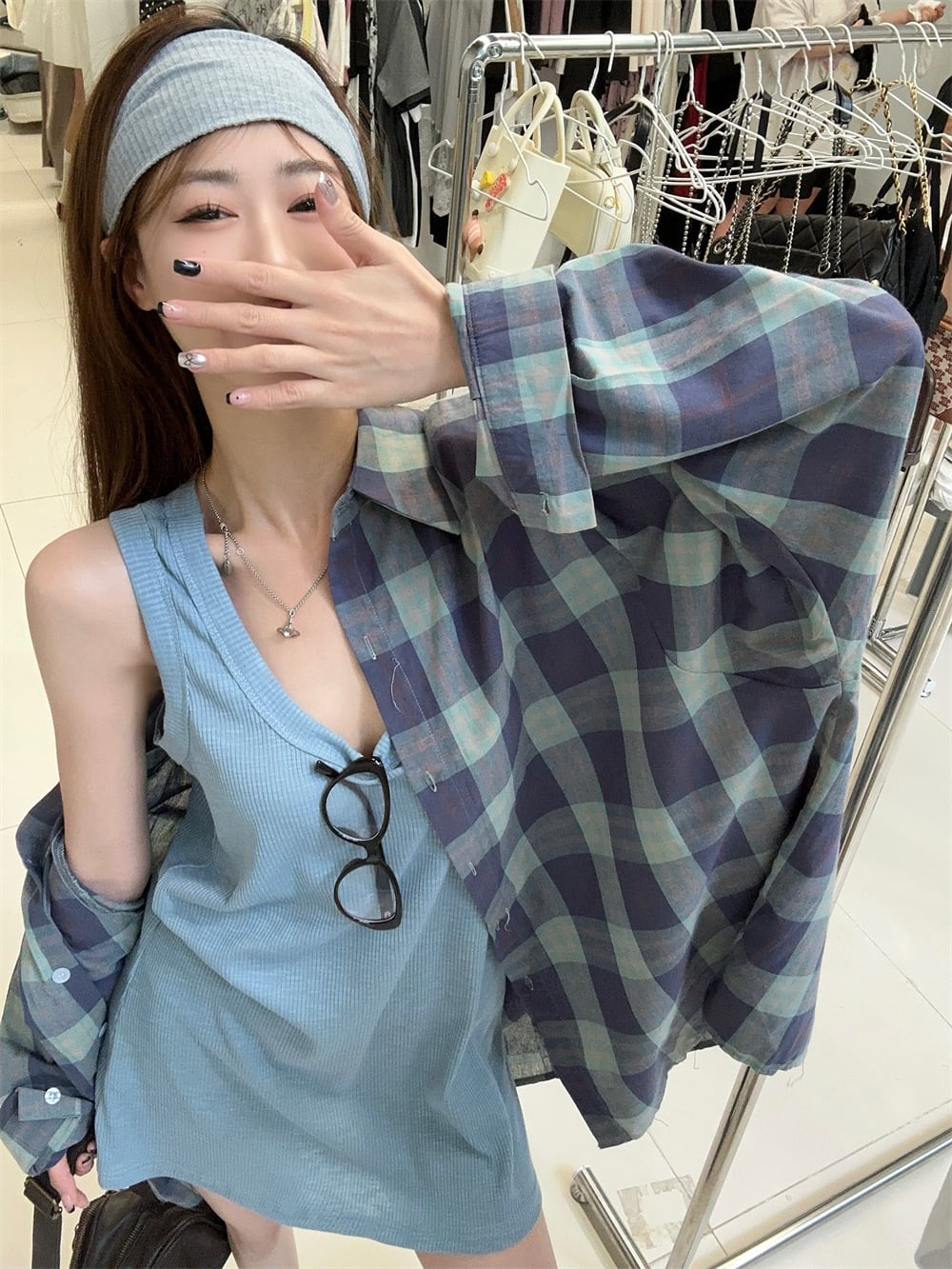【set】ノースリーブトップス×チェック柄シャツセット　M25109