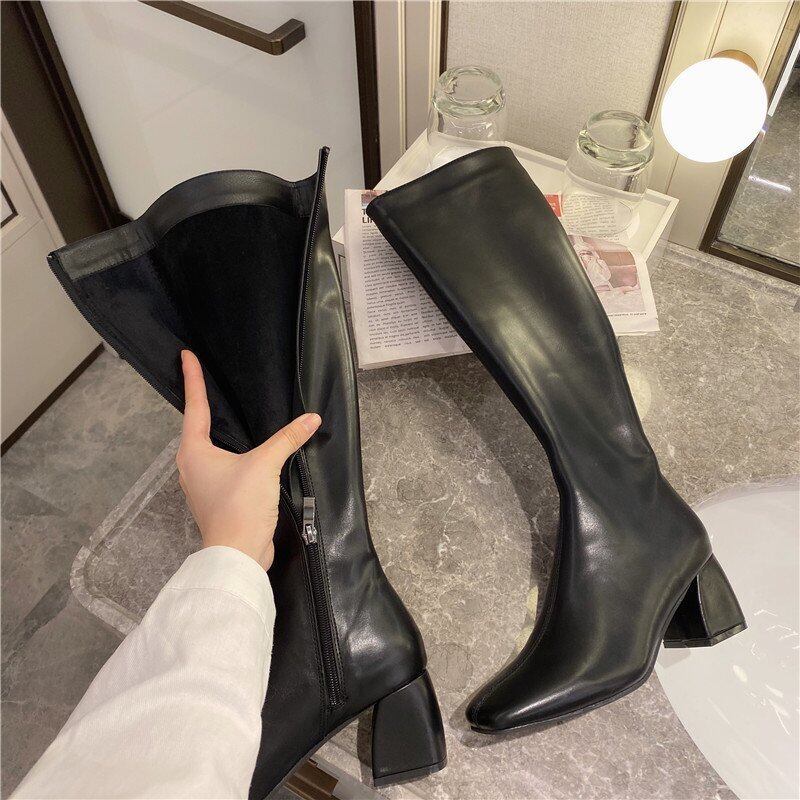 【shoes】店長推薦3色秋冬定番ロングブーツ美脚OL通勤宴会レトロスクエアトゥ履きやすいレディースチャンキーヒールブーツF1216