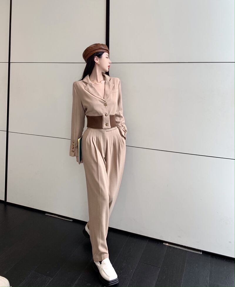 【set】絶対欲しい!気質満点レトロシンプル長袖アウター+ハイウエストパンツ２点セット G3989