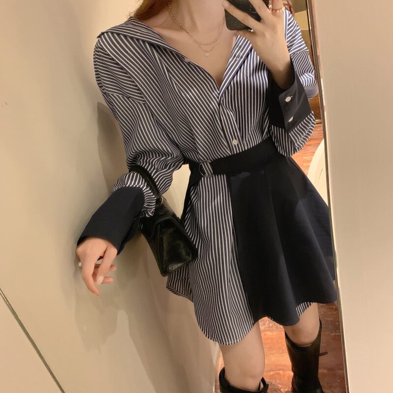 【set】ファッション気質満点個性派スカート+切り替えストライプ柄シャツワンピース２点セット G9207