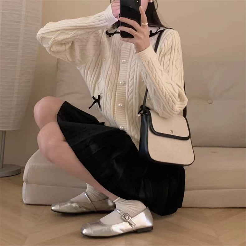 【outer】リボン付きパールニットカーデ　M25848