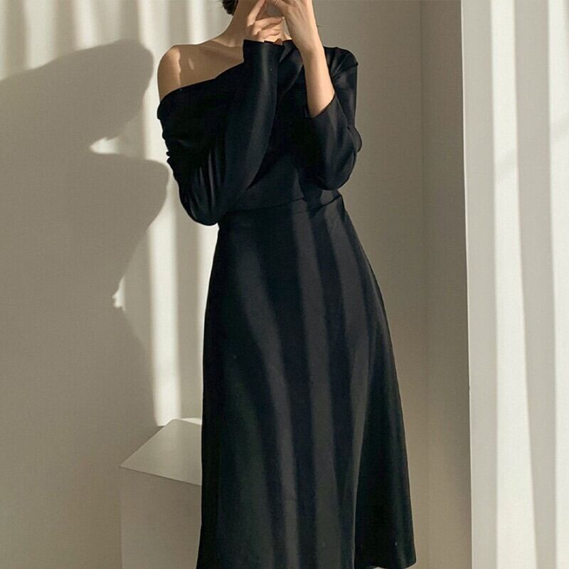 【dress】エレガント気質満点シンプル不規則着痩せハイウエスト長袖ワンピース G2964