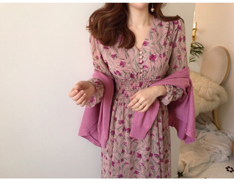 【dress】優しい雰囲気!エレガント気質満点スウィート 韓国系シフォン花柄ワンピース G1785