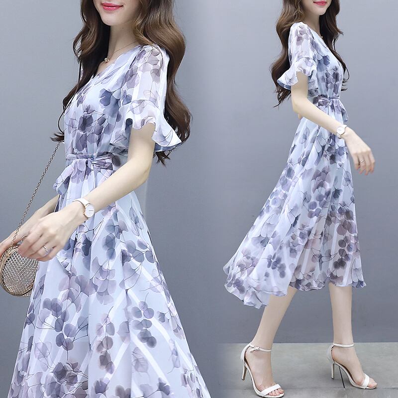 【dress】一目惚れ！Vネックフレアスリーブギャザー花柄ワンピースF0298