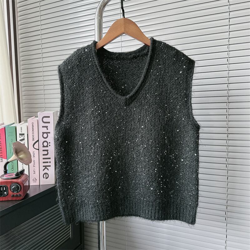 【tops】スパンコールニットベスト　M29540