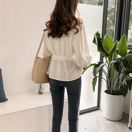 【tops】好感度満載!Vネック長袖ギャザーウェスト絞り無地ブラウス