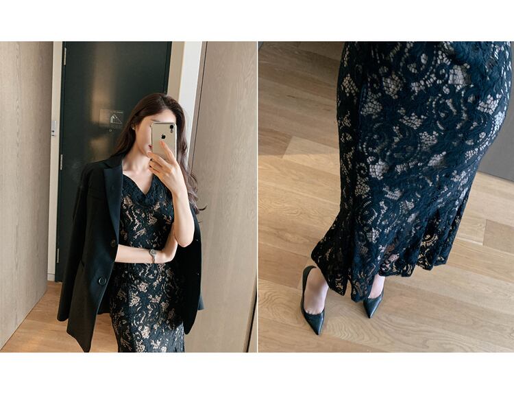【dress】韓国ファッションVネック半袖レース体型カバー気質淑女マーメイドワンピースF0293