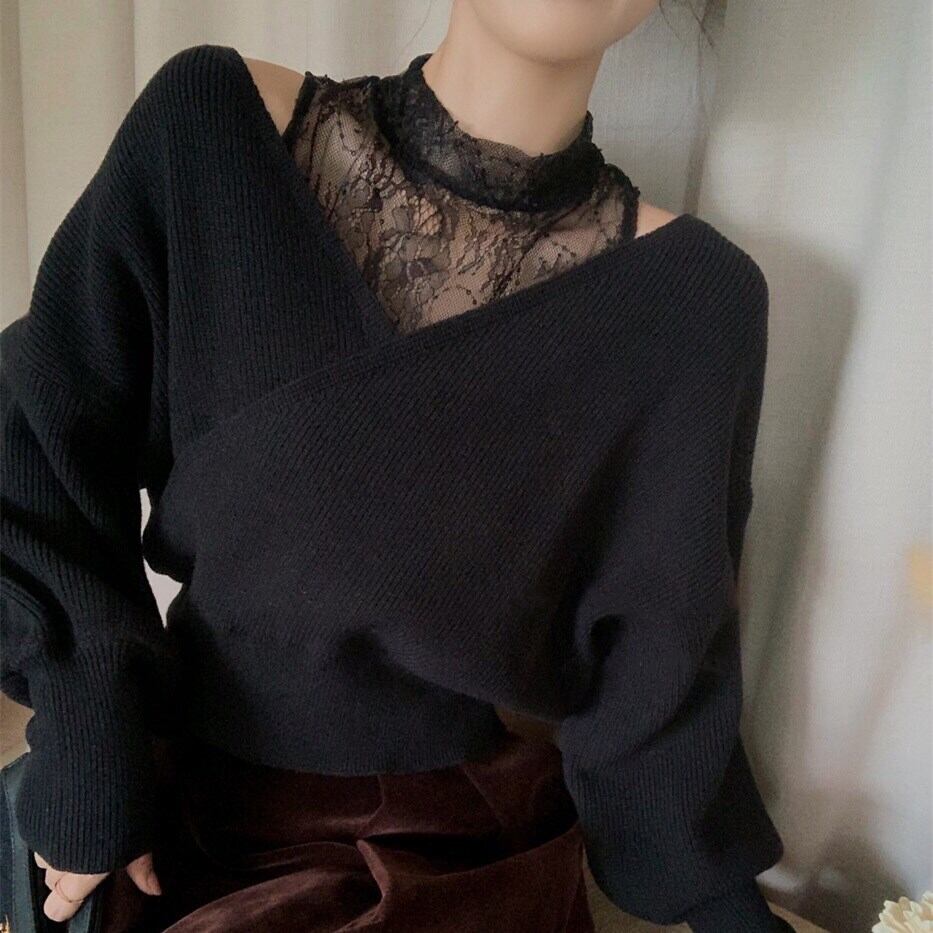 【tops】レースドッキングニットトップス     N2127