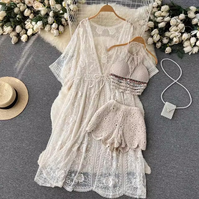 【set】レースカーディガン+キャミソール+ショートパンツ3点セットF7519