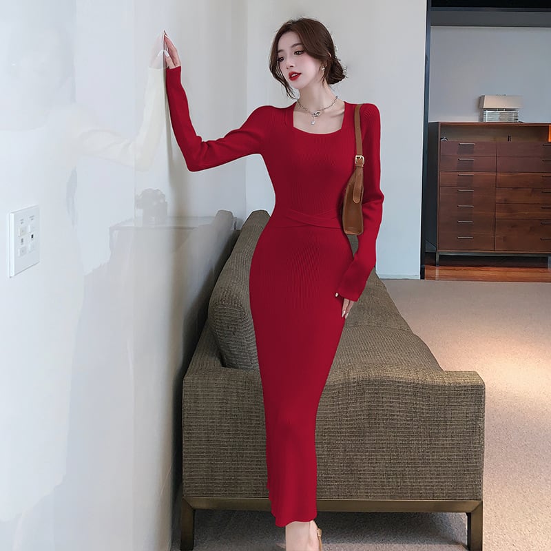 【dress】スクエアネックニットワンピース Q7577