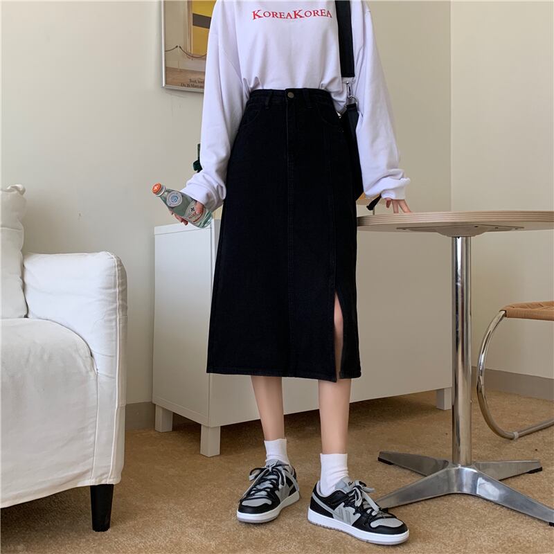【bottoms】細身効果抜群♪INS風ポケット付きスリット合わせやすいデニムスカート