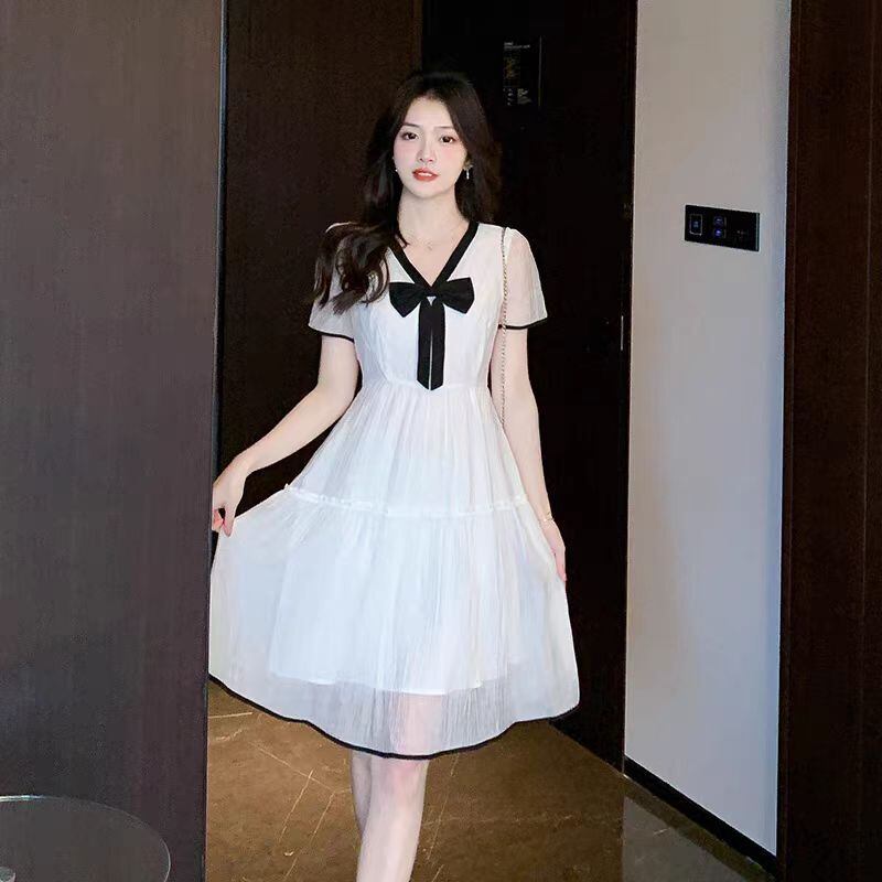 【dress】Vネックリボンシフォンワンピース G20932