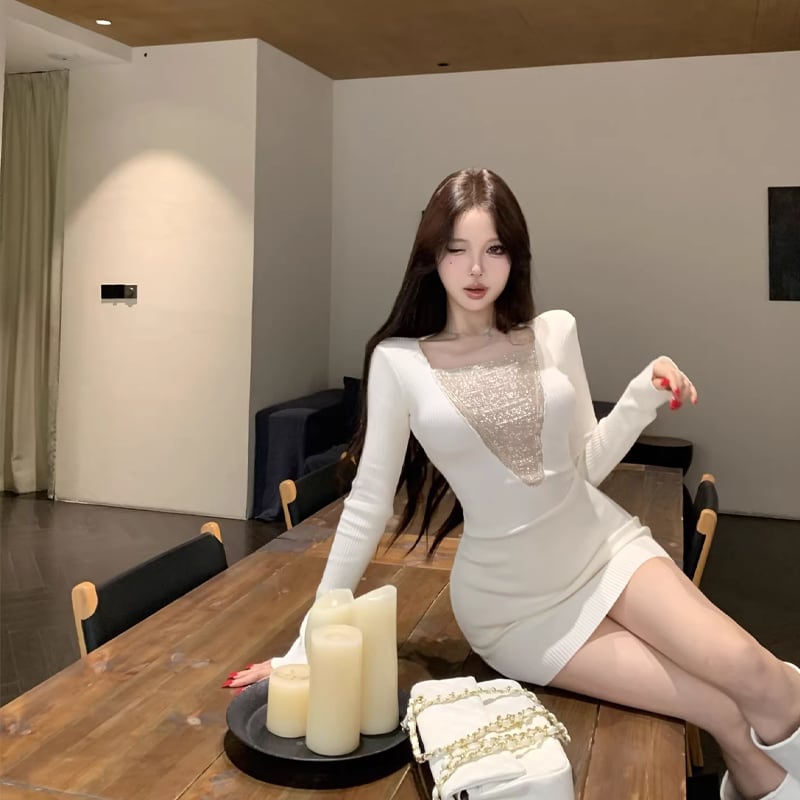 【dress】チェンドッキングニットワンピース Q8138