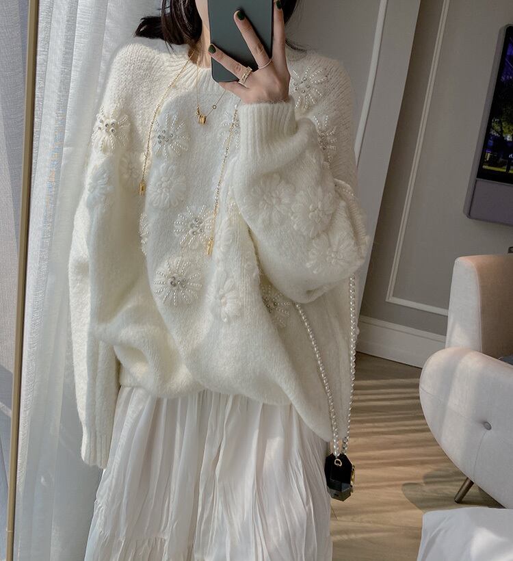 【tops】立体フラワーパールニットトップス　N2807