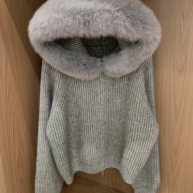 【outer】ファー付きニットカーディガン Q6996