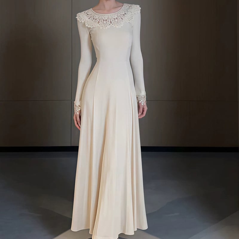 【dress】カットワークレースドッキングロングワンピース Q7349