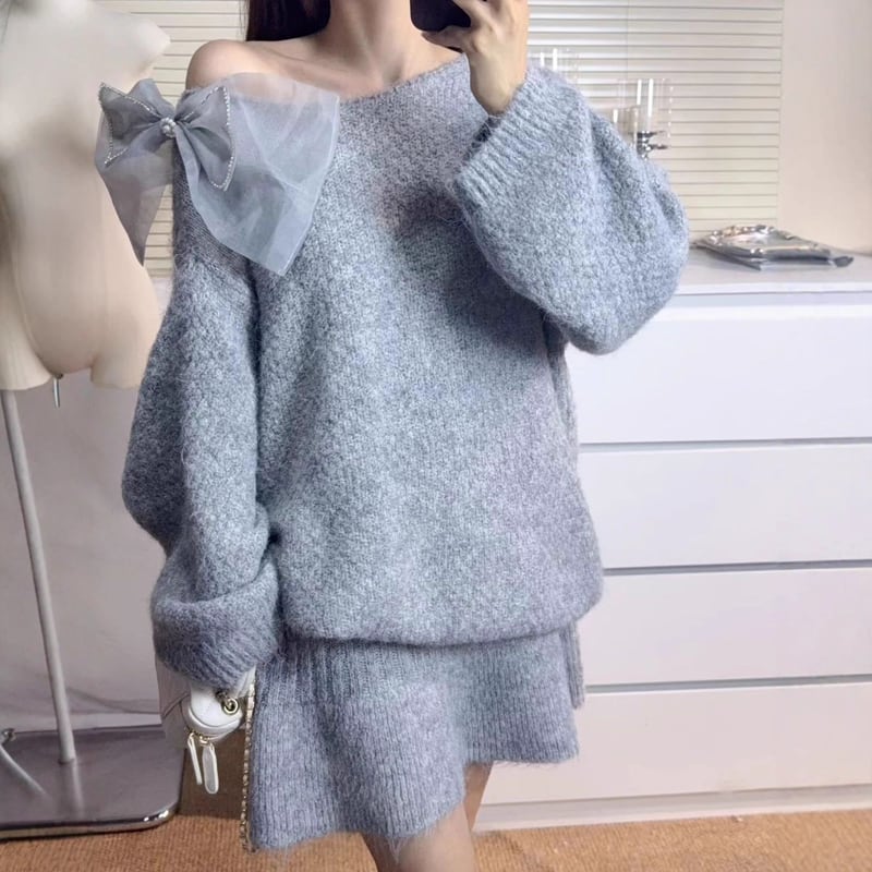 【set】リボン付きニットトップス×ミニスカートセット Q7291