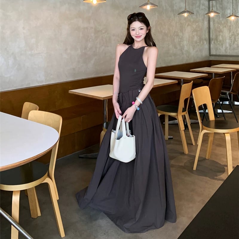 【dress】ノースリーブフェイクレイヤードロングワンピース Q8500