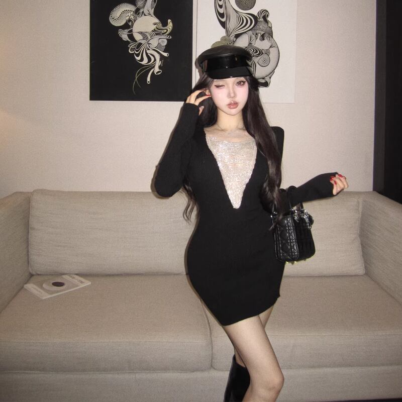 【dress】チェンドッキングニットワンピース Q8138