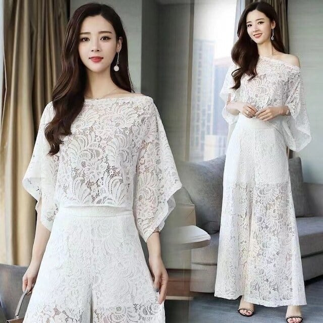 【set】ラウンドネックレース透かし彫りトップス（インナー付き)+カジュアルパンツ2点セット F1922