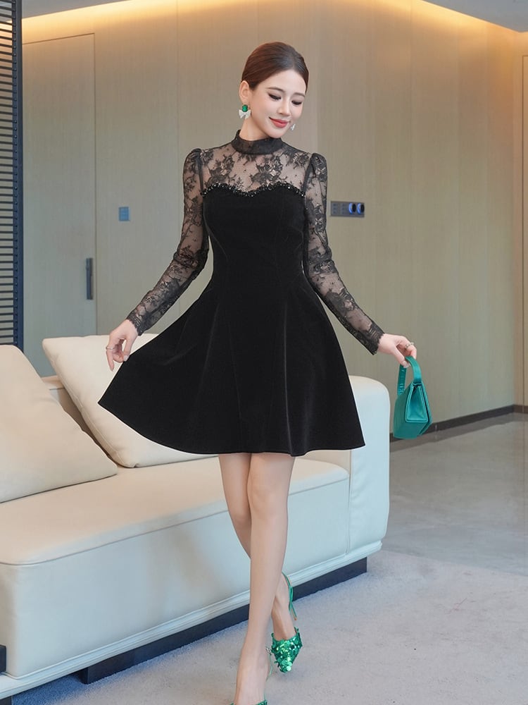 【dress】レースドッキングベロアワンピース　N3423