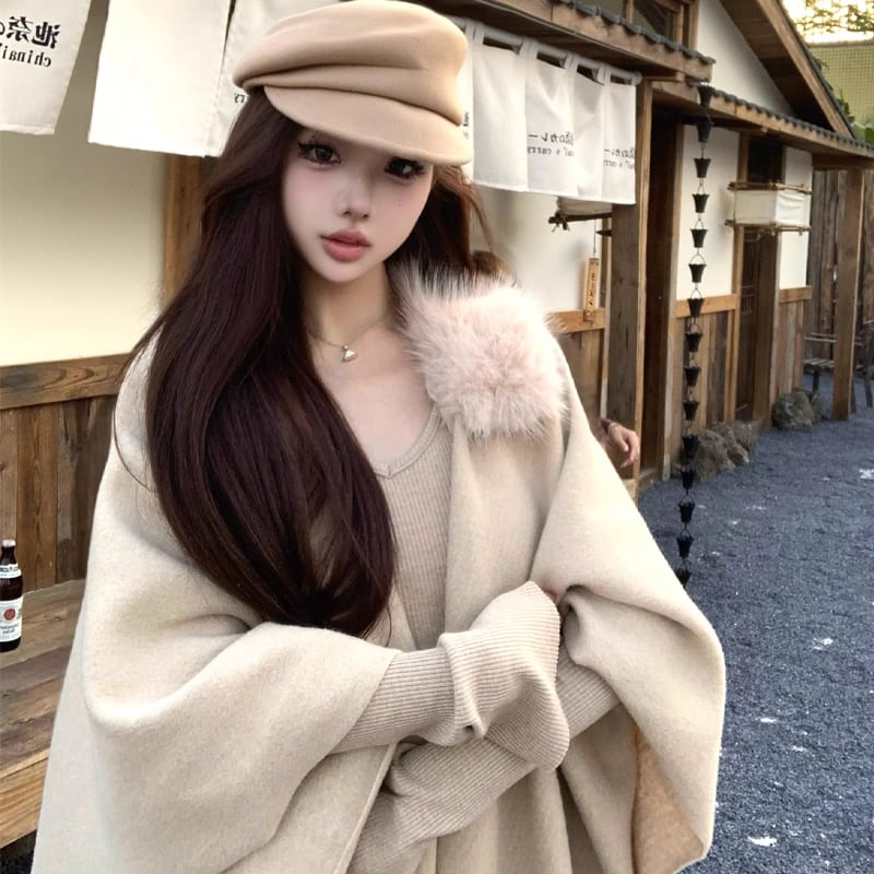 【set】ファー付きショール×ニットワンピースセット Q6987