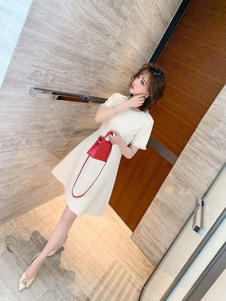 【dress】美人度アップラウンドネック半袖ビーズ飾り無地韓国ファッションワンピースF5030