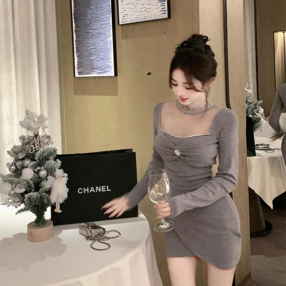 【dress】レース切り替えニットワンピース　M27692