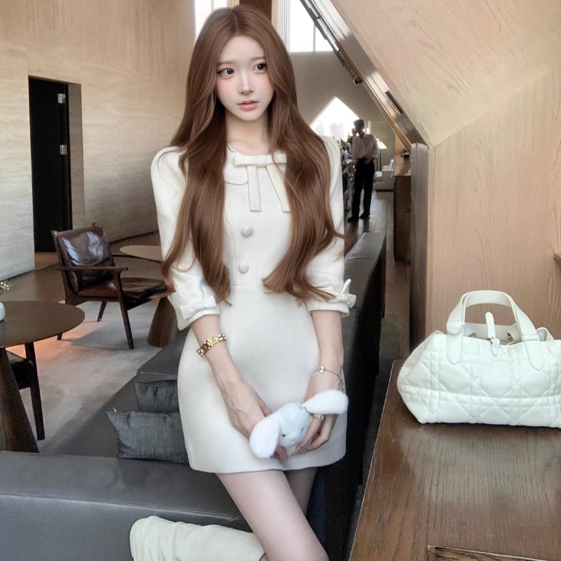 【dress】リボン付きピーターパンカラーワンピース Q7551