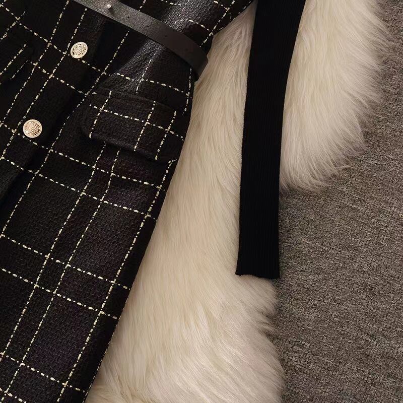 【set】一目惚れ！2点セット無地セーター+Vネックウェスト絞りチェック柄キャミワンピース通勤日常セットアップF1405