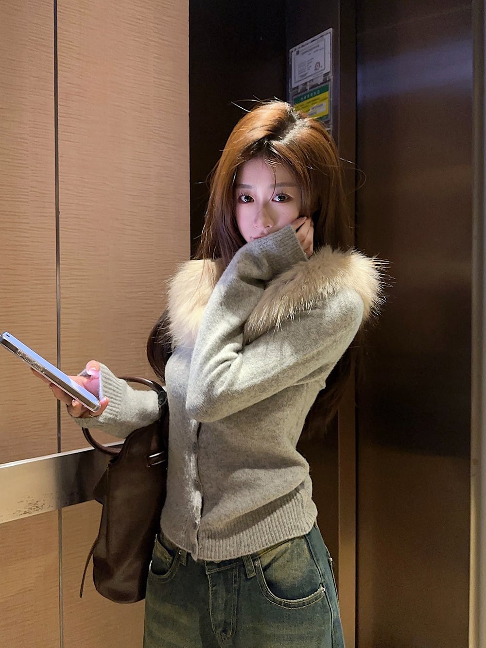 【outer】ファー付きニットカーデ　M28840