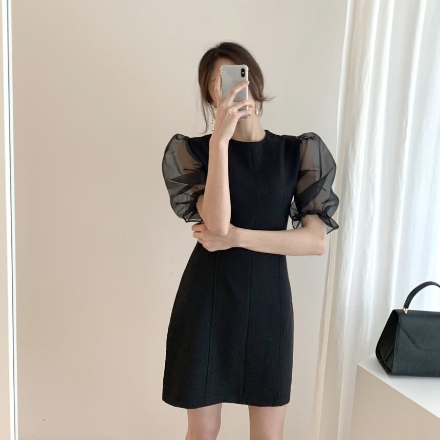 【dress】チュールスリーブ切り替えワンピース　M23986